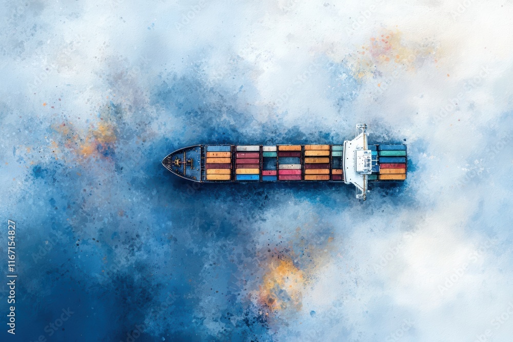Poster aerial view of container ship surrounded by abstract colorful water patterns