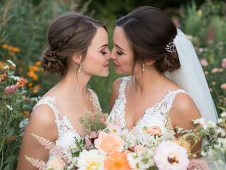 Wedding ceremony with two brides in a blooming garden