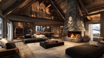 Rustic luxury living room with stone fireplace showcasing elegant furniture and warm wooden accents in a cozy mountain retreat setting