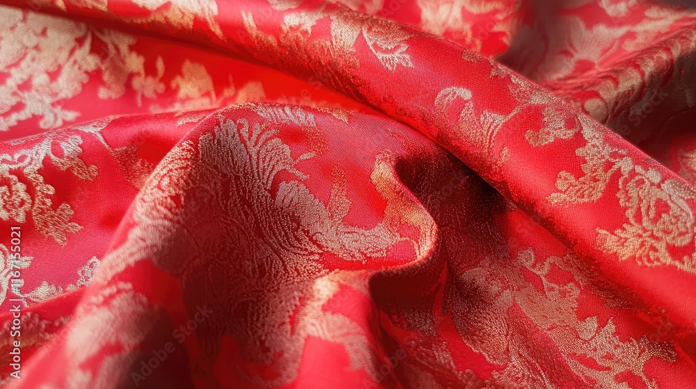 Poster luxurious red satin fabric texture with intricate golden patterns for elegant textile design and dã©