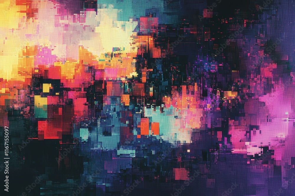 Poster vibrant digital abstract artwork showcasing a fusion of colors and geometric shapes in a mesmerizing