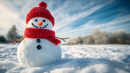 Obraz premium Cheerful snowman with red knit hat and scarf in a snowy field, bright blue sky, and crisp winter day, featuring a photorealistic winter wonderland scene.