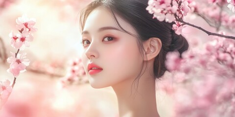 Fototapeta premium A young woman with delicate features stands gracefully among vibrant cherry blossoms, capturing the essence of springtime beauty and tranquility