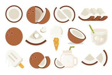Set of brown Coconut, Farm fresh Coconut product emblem for grocery shop, collection of ice cream, Juice jar, glass of juice, ice cream cone and stick, simple flat vector illustration of fruits.