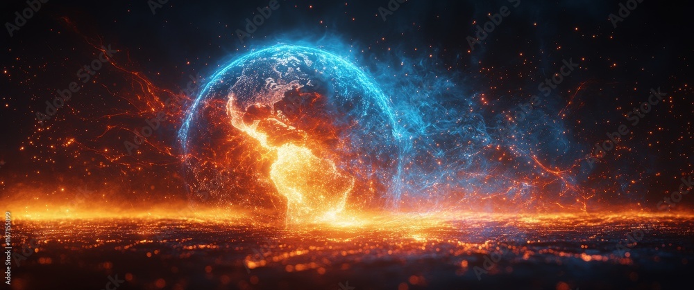 Poster visual representation of a glowing world map with vibrant colors showing continents and oceans
