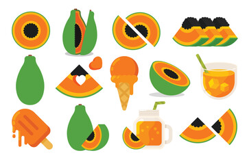 Set of orange Papaya, Farm fresh Papaya product emblem for grocery shop, collection of ice cream, Juice jar, glass of juice, ice cream cone and stick, simple flat vector illustration of fruits.