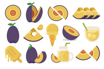 Set of Purple Plum, Farm fresh Plum product emblem for grocery shop, collection of ice cream, Juice jar, glass of juice, ice cream cone and stick, simple flat vector illustration of fruits.