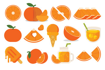 Set of orange Mandarin, Farm fresh Tangerine product emblem for grocery shop, collection of ice cream, Juice jar, glass of juice, ice cream cone and stick, simple flat vector illustration of fruits.