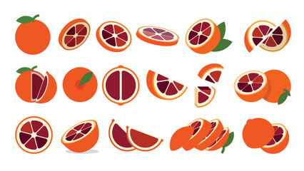 Set of Blood Orange, Farm fresh Blood Orange product emblem for grocery shop, Slides, long and cross sections, and different positions, simple flat vector illustration of vegetables and fruits.