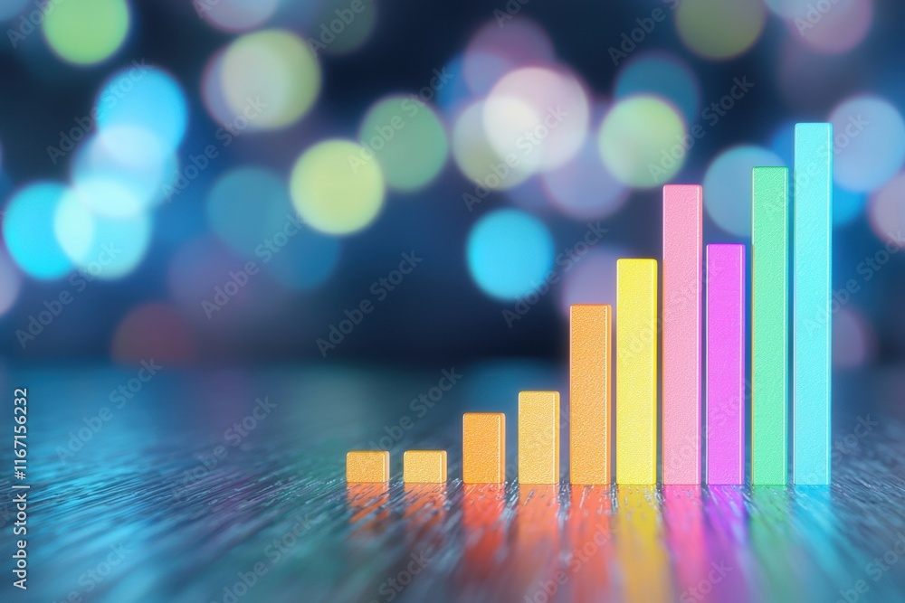 Poster colorful graph bars representing data growth with bokeh background effect