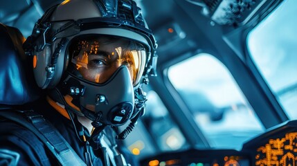 Fototapeta premium Pilot in Flight Helmet Inside Cockpit of Modern Military Aircraft