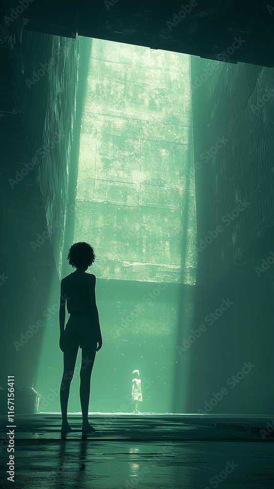 Poster mysterious figure in light within dark architectural space