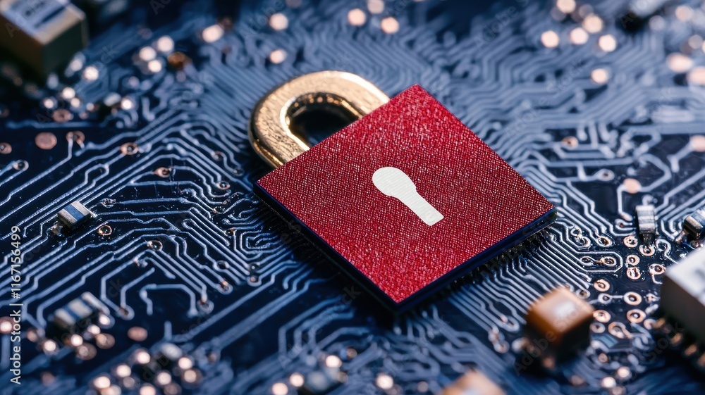 Poster close-up view of a red padlock on a circuit board representing digital security