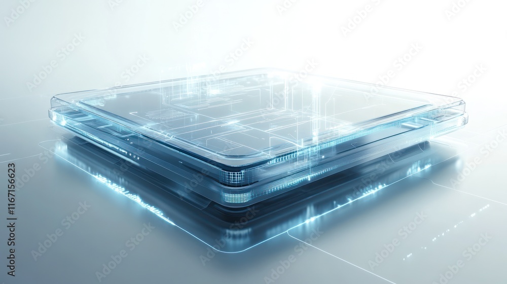 Poster futuristic transparent device with glowing internal circuitry.