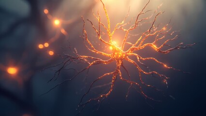 A branch of glowing neurons on a blurred background, symbolizing neural processes