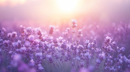 Fototapeta premium Lavender field sunrise, soft light, frost.