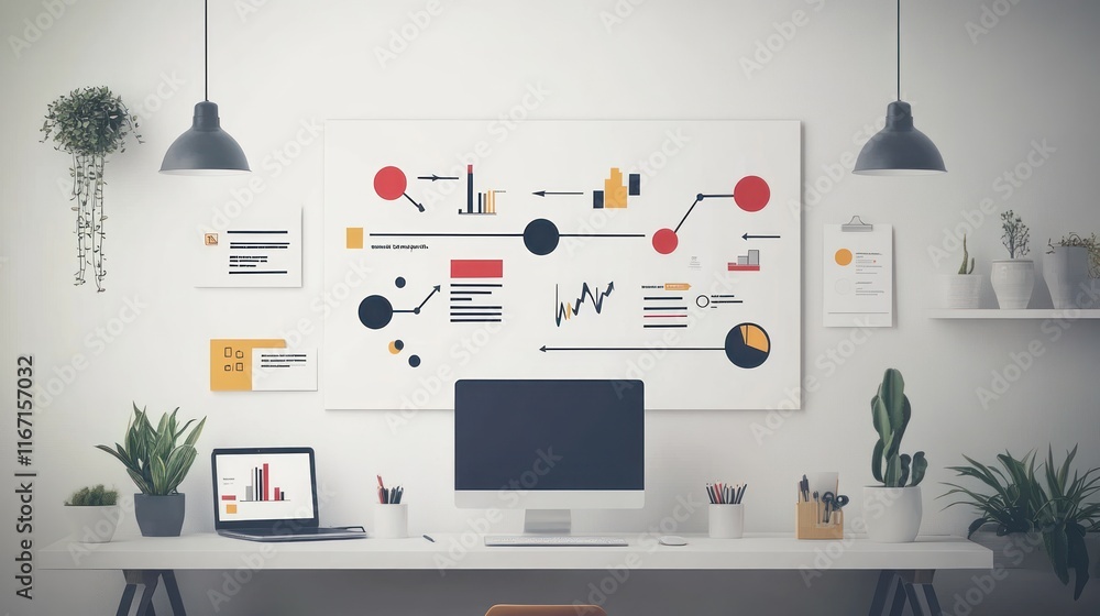 Poster modern workspace with charts, graphs, and computer.