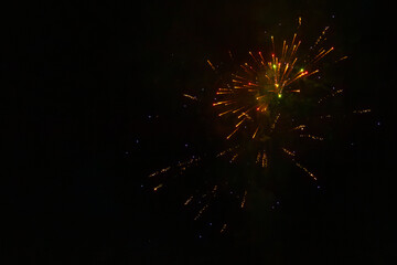 A dazzling display of golden fireworks streaking across the night sky, accented by vibrant red...