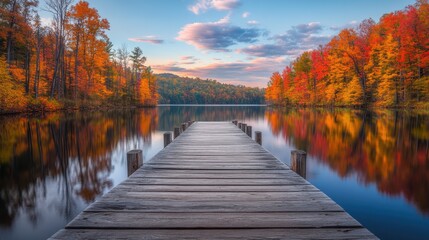 Vibrant autumn reflections on a serene lake surrounded by colorful foliage near a wooden dock