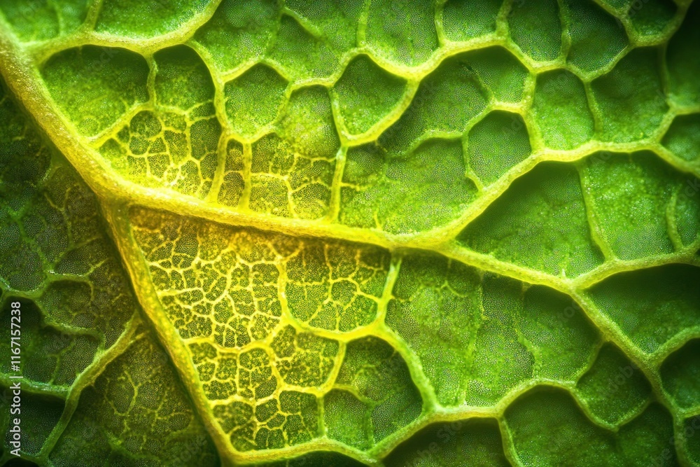 Poster close-up view of a green moss leaf reveals intricate cell structures illuminated by soft, diffused l