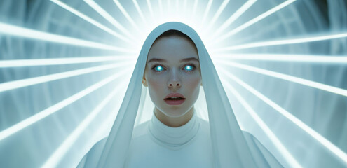 A woman in a white hooded outfit stands still, her glowing eyes reflecting a radiant halo of light. The setting is surreal and serene, evoking a sense of mysticism.