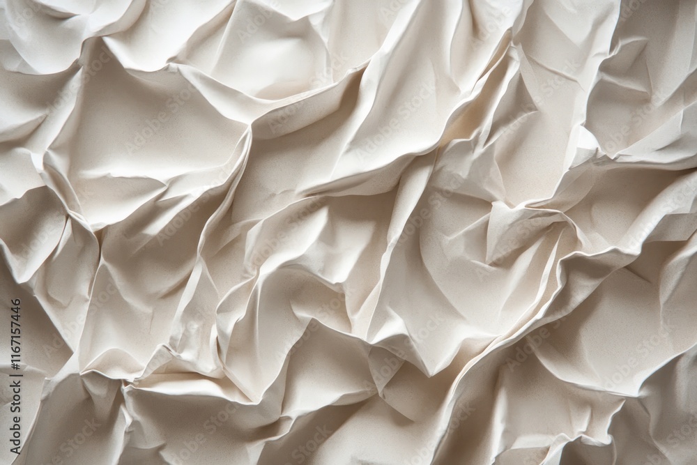 Poster close-up view of textured crumpled paper showcasing detailed folds and creases under soft, diffused 