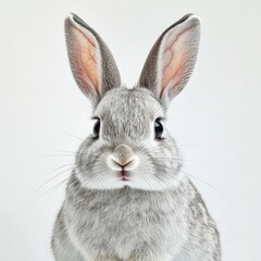 Obraz premium Cute gray rabbit sitting quietly on a white background with attentive expression and alert ears