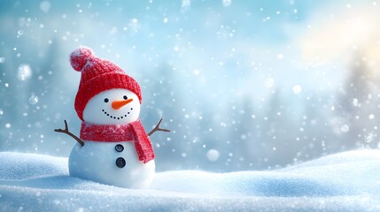 Fototapeta premium Cheerful snowman with red knit hat and scarf in a snowy field, bright blue sky, and crisp winter day, featuring a photorealistic winter wonderland scene.