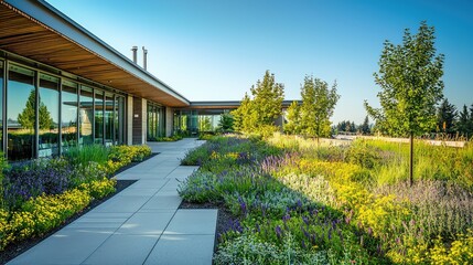 Fototapeta premium Modern Landscape Design with Colorful Flowers and Lush Greenery