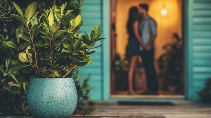 Teal plant pot on porch, couple kissing inside blurred background.