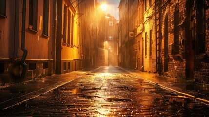 Back street alley with old city houses in rain at night. Empty dark alleyway