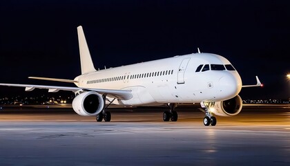 A white airplane parked on the runway at night