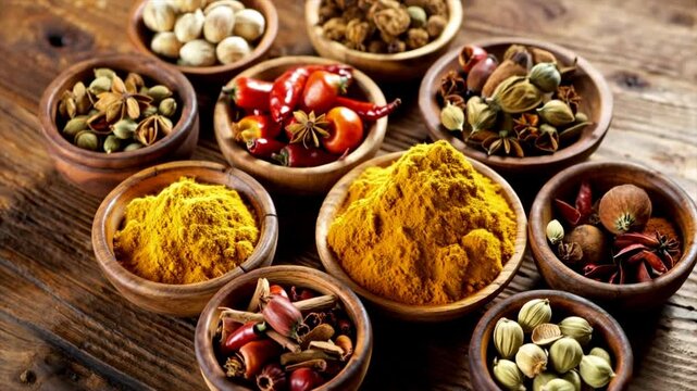 Assorted Indian Spices and Masalas in Bowls, Vibrant Colors and Aromatic Ingredients.