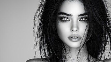 A close-up of a young woman with refined features, featuring expressive eyes and soft lips. Black disheveled hair surrounds her face naturally. Monochrome tones enhance the intricate details 
