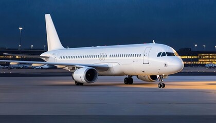 Obraz premium A white airplane parked on the runway at night