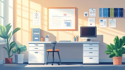 Sunny office workspace with desk, computer, plants, and documents.