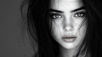 Artistic close-up of a serene young woman, her soft features framed by disheveled black hair. Expressive eyes and monochromatic tones add emotion, with intricate details enhancing the timeless 