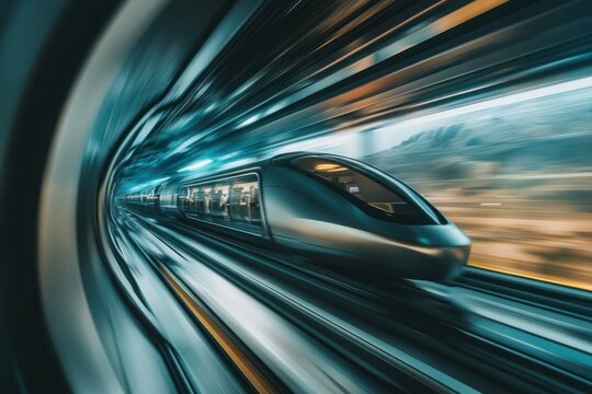 Feel the thrill of speed in a hyperloop train as it rushes through a vacuum tube with a sleek, modern interior