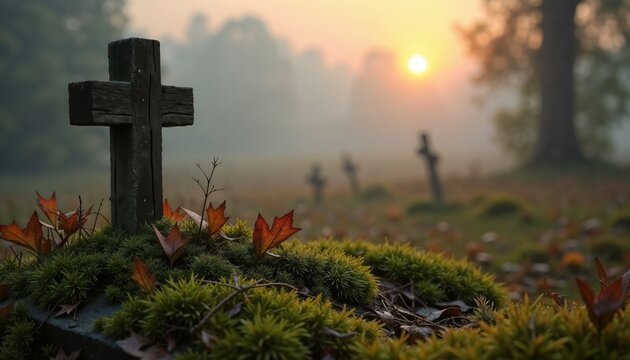 Wooden Cross on a Moss-Covered Grave in a Foggy Morning Cemetery.Solitude. Reflection. Eternal rest.Memorial design, cemetery poster, remembrance, mourning event, atmospheric scenery, background for 
