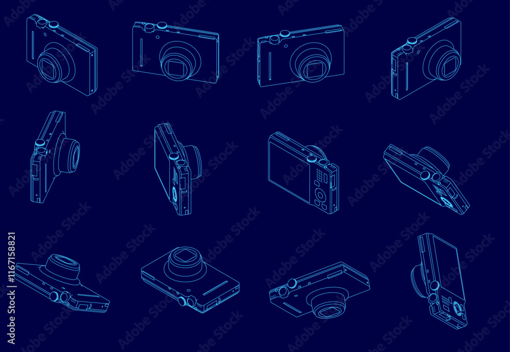 Poster series of blue images of a camera. the camera is shown from different angles and in different positi
