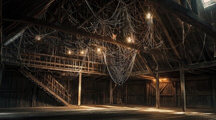 Atmospheric Rustic Barn Interior with Warm Lighting and Textures
