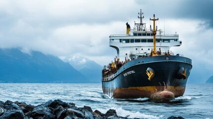 A Cargo Ship Navigating Through Calm Waters Surrounded by Mountains and Overcast Skies with a Scenic Coastal View in the Background