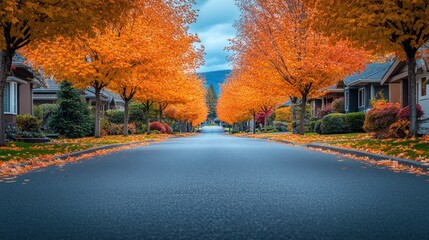 Naklejka premium Vibrant autumn leaves line a peaceful street adorned with golden hues and tranquil charm