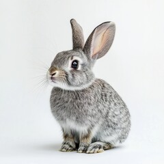 Fototapeta premium Cute gray rabbit sitting quietly on a white background with attentive expression and alert ears