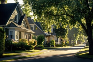 Charming houses and lush trees line a quiet street, all bathed in warm sunlight, showcasing peaceful neighborhood life