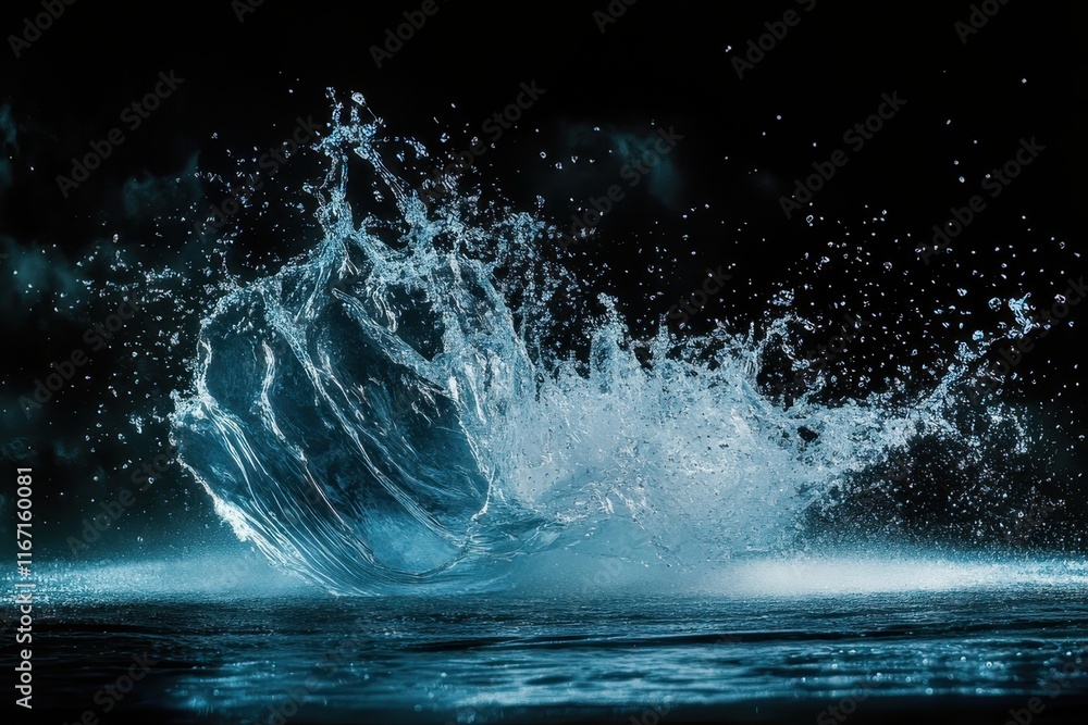 Poster water splash creates beautiful droplets in dark setting, showcasing dynamic motion and vivid transpa