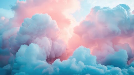 Fototapeta premium Background of fluffy baby pink and blue pastel cotton candy clouds in the sky.