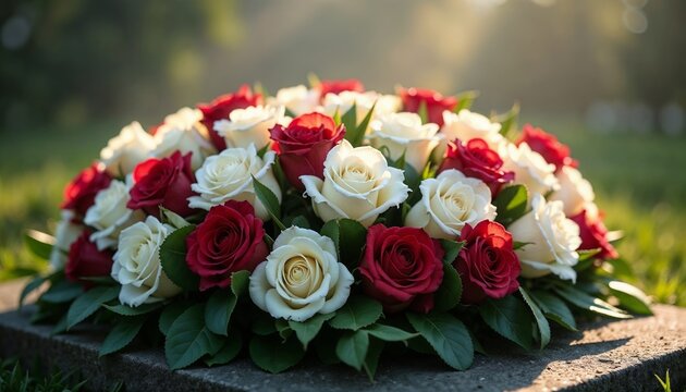 Beautiful red and white roses arranged with greenery on stone.Respect. Final farewell.Funeral decor photography, condolence art, floral tribute branding, outdoor memorial illustration, reflective rem
