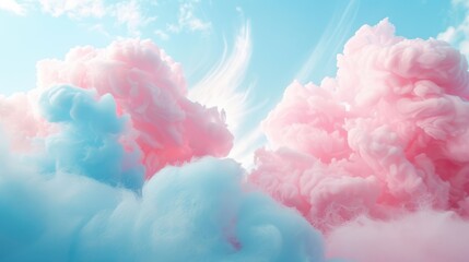 Fototapeta premium Background of fluffy baby pink and blue pastel cotton candy clouds in the sky.