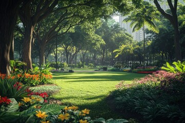 Obraz premium Lush greenery surrounds colorful flowers in a serene city park, inviting visitors to unwind amidst urban tranquility